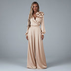 Women’s v-neck long-sleeve top with wide-leg trousers set