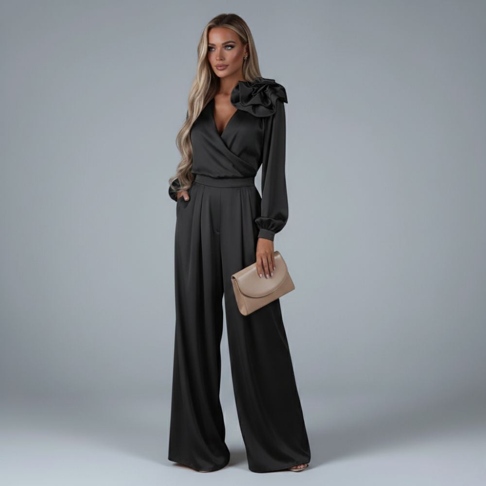 Women’s v-neck long-sleeve top with wide-leg trousers set